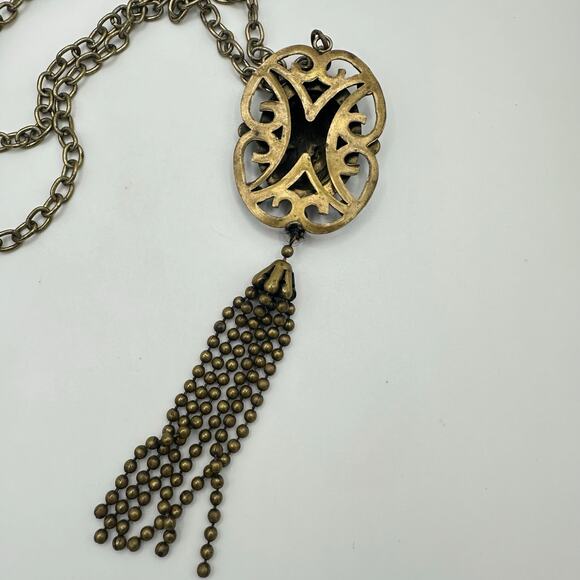 Antique Art Deco 1920s brass multicolor glass cameo tassel pendant necklace - Picture 7 of 10